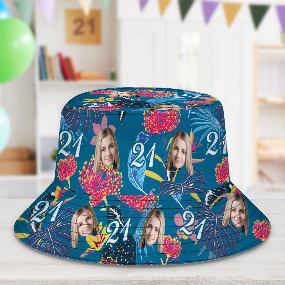 Custom Face Bucket Hat Number and Face hat Dark Blue Sleeves and Pink Flowers - MyHawaiianShirtsAU