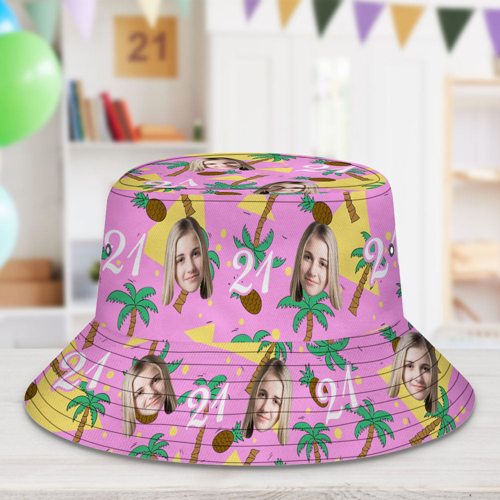 Custom Multi-color Face and Numbers BucketHat Coconut Tree and Pineapple Gift for Men - MyHawaiianShirtsAU