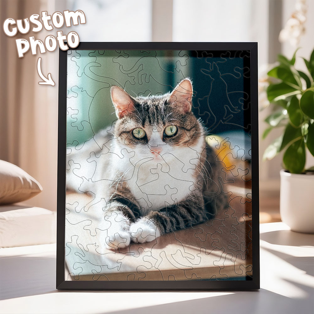 Custom Cat Photo Puzzle Frame Personalized Wooden Cat Shaped Jigsaw Best Gift Ever for Cat Lovers - MyHawaiianShirtsAU