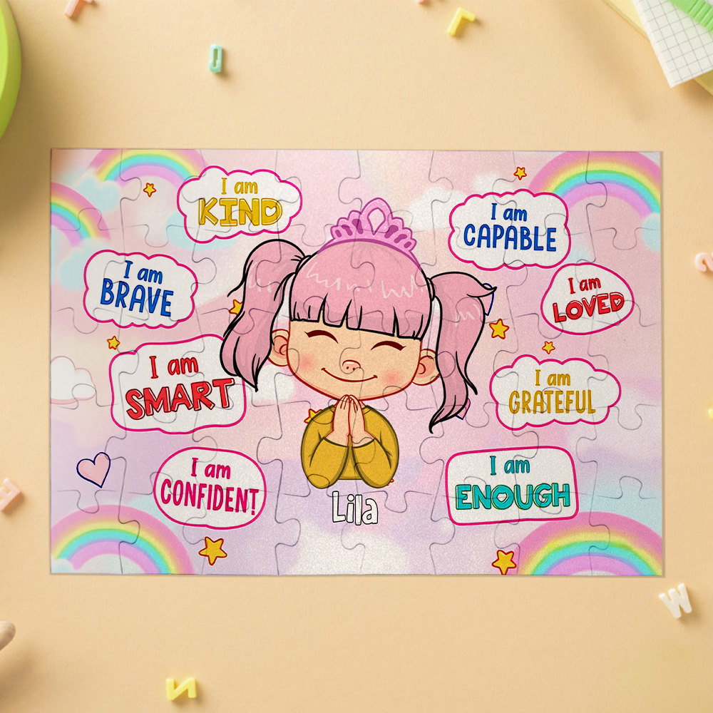 Kids Custom Jigsaw Puzzle | Self-affirmation "I Am Smart" with Name for Boys & Girls | Girls in Rainbow & Boys in Rocket and Universe Design