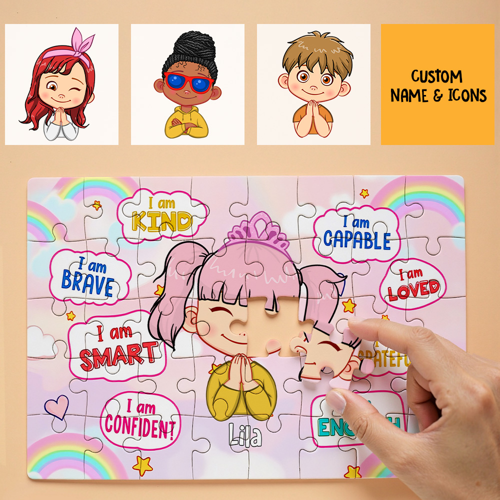 Kids Custom Jigsaw Puzzle | Self-affirmation "I Am Smart" with Name for Boys & Girls | Girls in Rainbow & Boys in Rocket and Universe Design