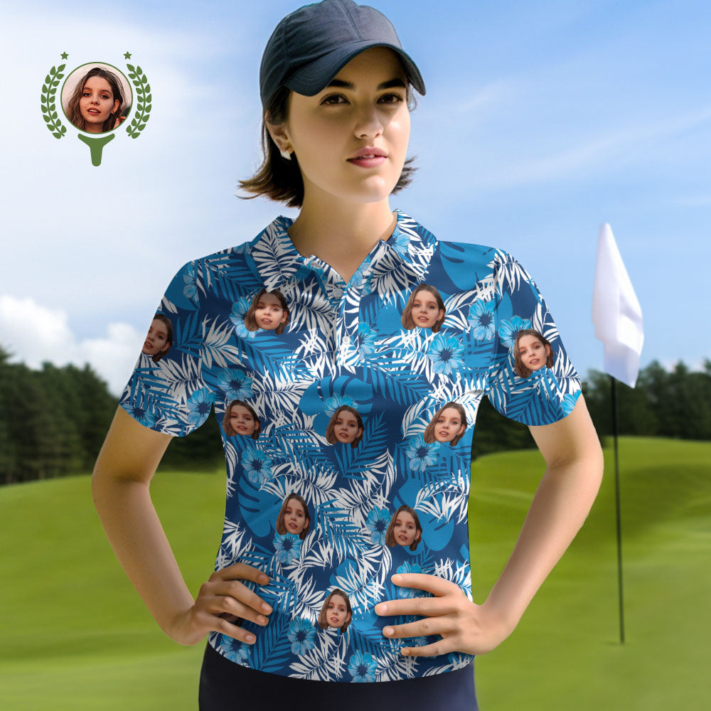Custom Face Women Polo Shirts Personalised Photo Shirt Blue Flowers - MyHawaiianShirtsAU