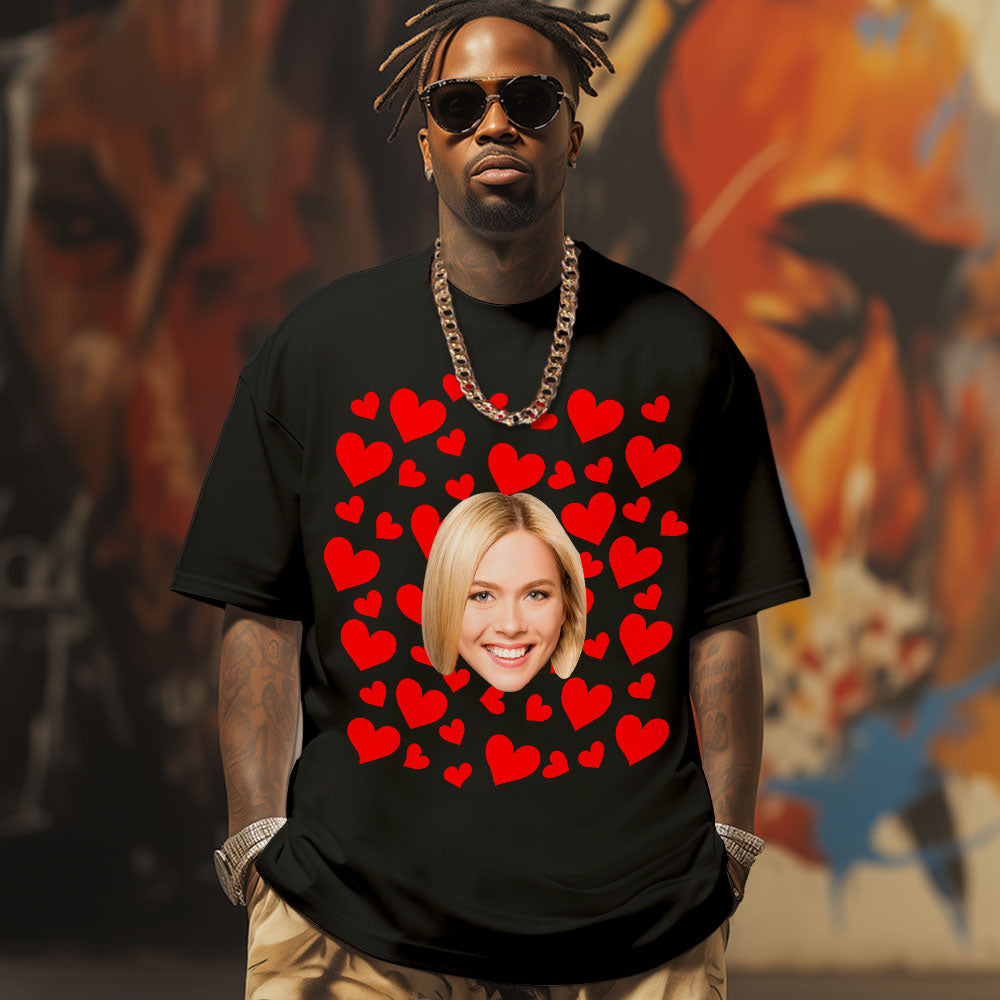 Custom Photo Vintage Tee Personalized Couple T-shirt  Red Hearts Valentine's Day Gifts for Men - MyHawaiianShirtsAU