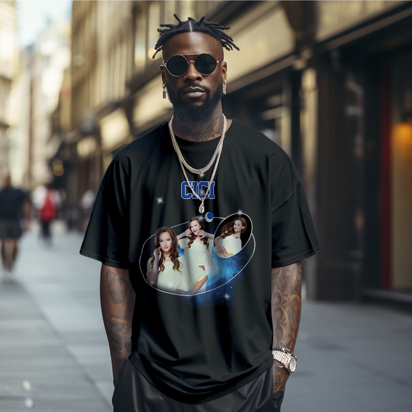 Custom Photo and Name Vintage T-Shirt Cosmic Galaxy and Crescent Moon Vintage T-Shirt Gift For Men - MyHawaiianShirtsAU