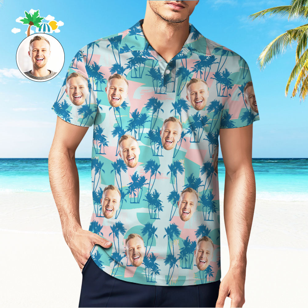 Custom Men's Face Polo Shirt Golf Summer Polo Shirt Blue Palm Tree - MyHawaiianShirtsAU