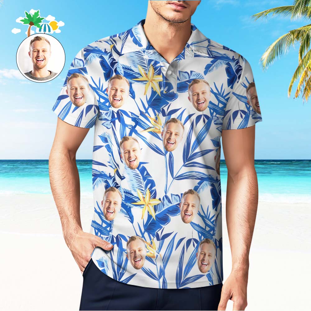 Custom Men's Face Polo Shirt Aloha Golf Polo Shirt Blue Leaves Gift For Him - MyHawaiianShirtsAU