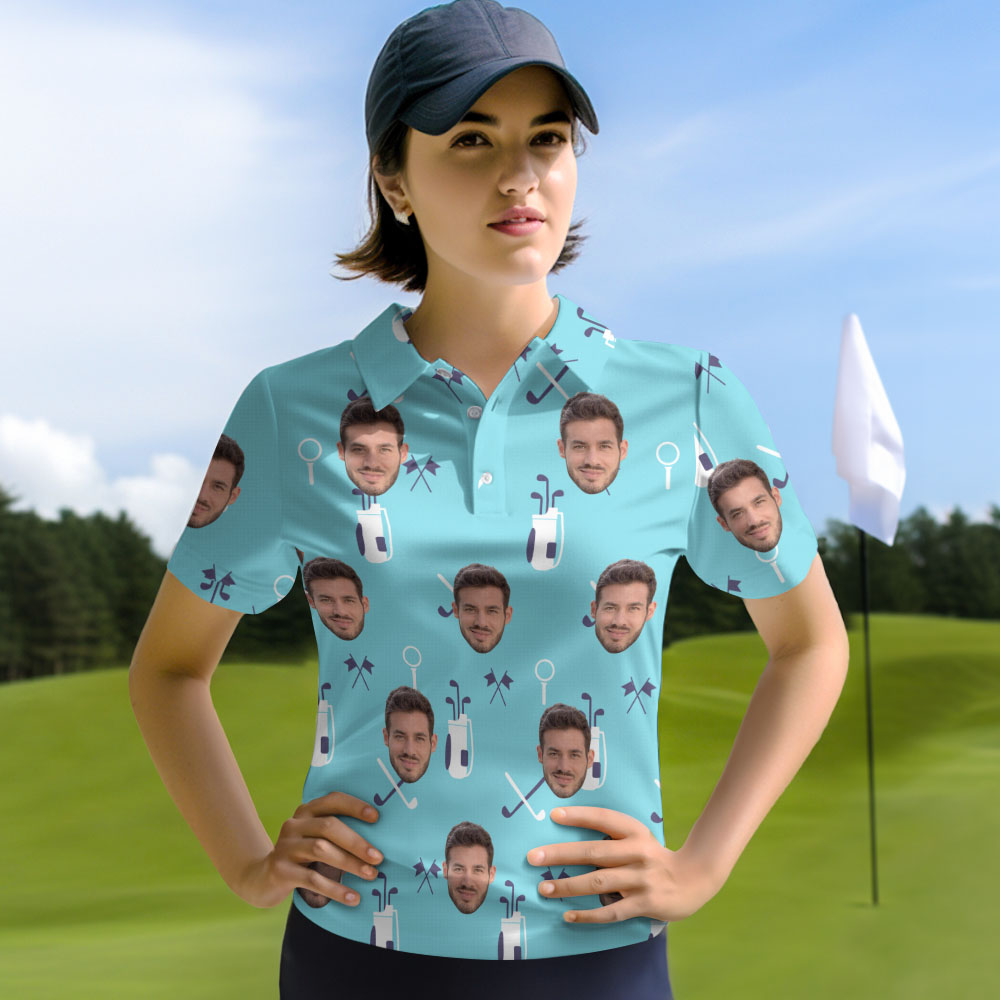Custom Blue Golf Shirt Personalized Face Women's Polo Shirt Gift for Her - MyHawaiianShirtsAU