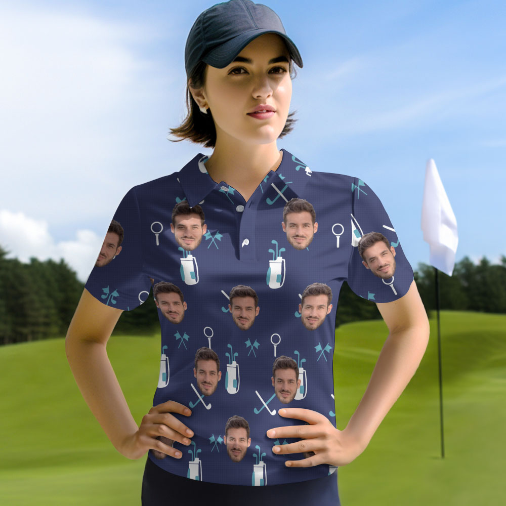 Custom Dark Blue Golf Shirt Personalized Face Women's Polo Shirt Great Gift Idea for Her - MyHawaiianShirtsAU