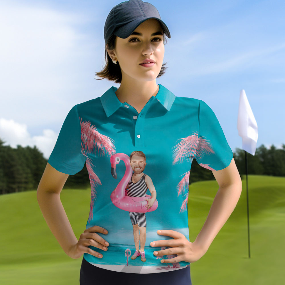 Custom Light Blue Flamingo Print Polo Shirt Personalized Fun Swim Ring Design Unique Gift for Her - MyHawaiianShirtsAU