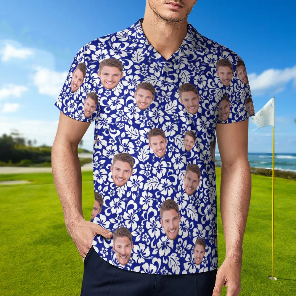 Custom Face Polo Shirt For Men Personalized Blue Hawaiian Golf Shirts