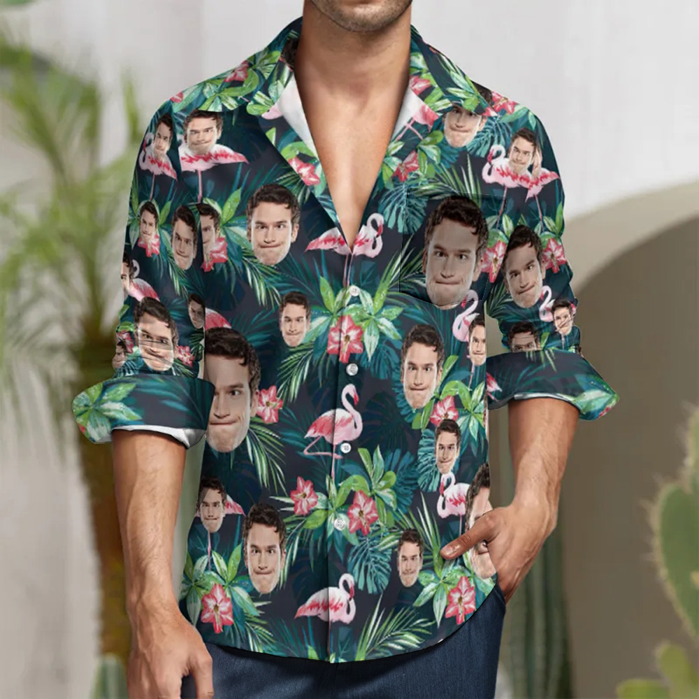 Custom Face All Over Print Long Sleeve Shirt Colorful Flamingo