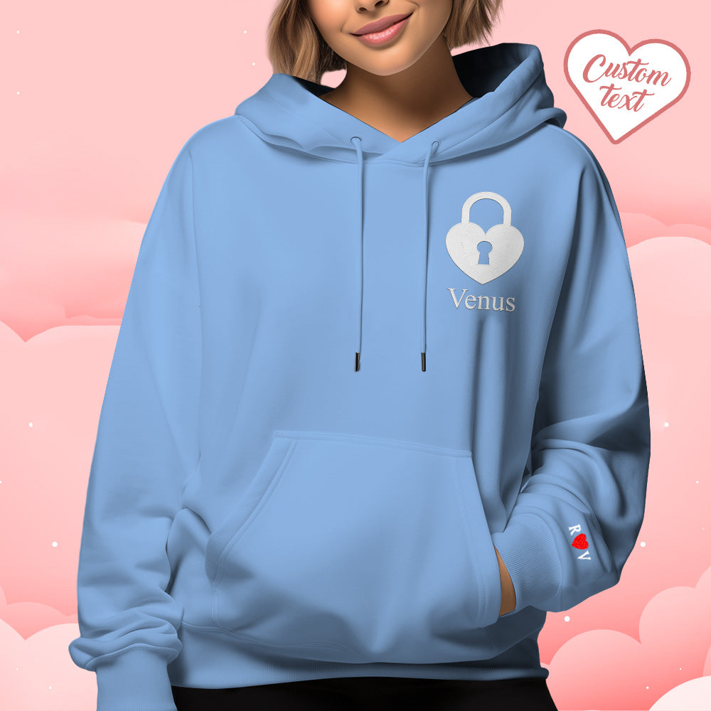 Personalized Text Embroidered Hoodie Sweet Heart Key And Lock Set Sweatshirt Valentine Gifts For Couples