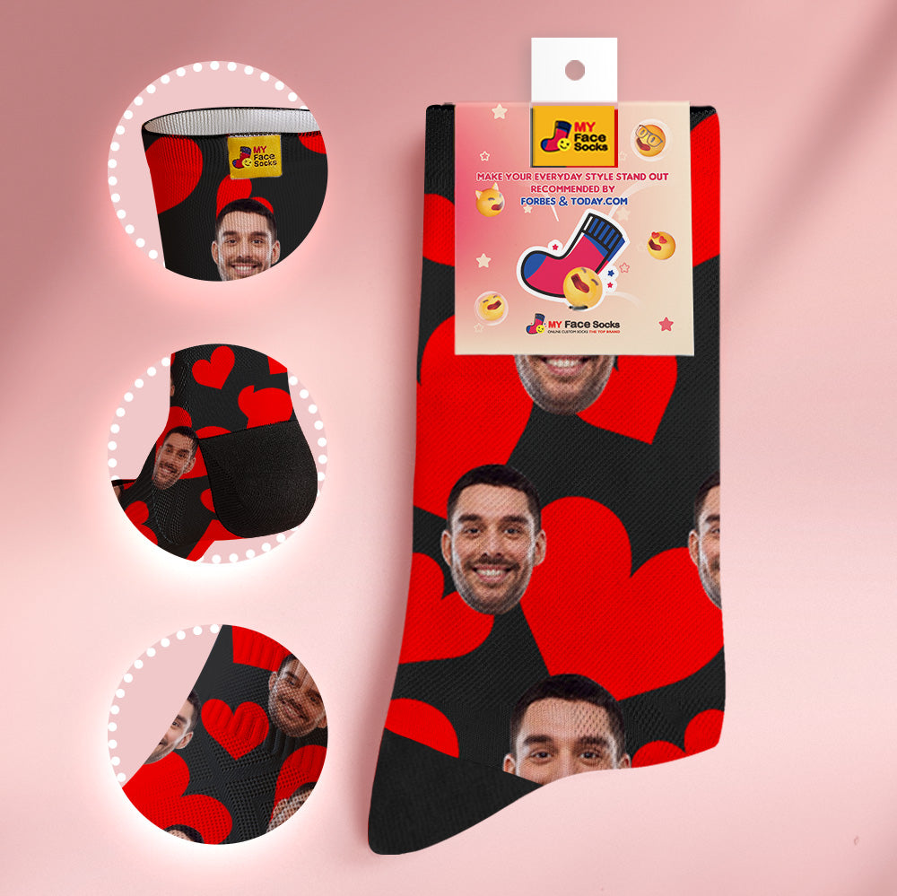 Custom Breathable Face Socks Online Preview Add Pictures Red Hearts  Valentine's Day Gifts for Couple - MyHawaiianShirtsAU