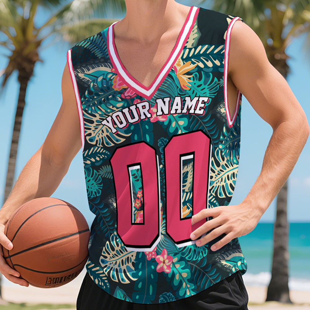 Personalized Name & Number Hawaii V-Neck Tank Top Custom Tropical Leaf Basketball Jersey - MyHawaiianShirtsAU
