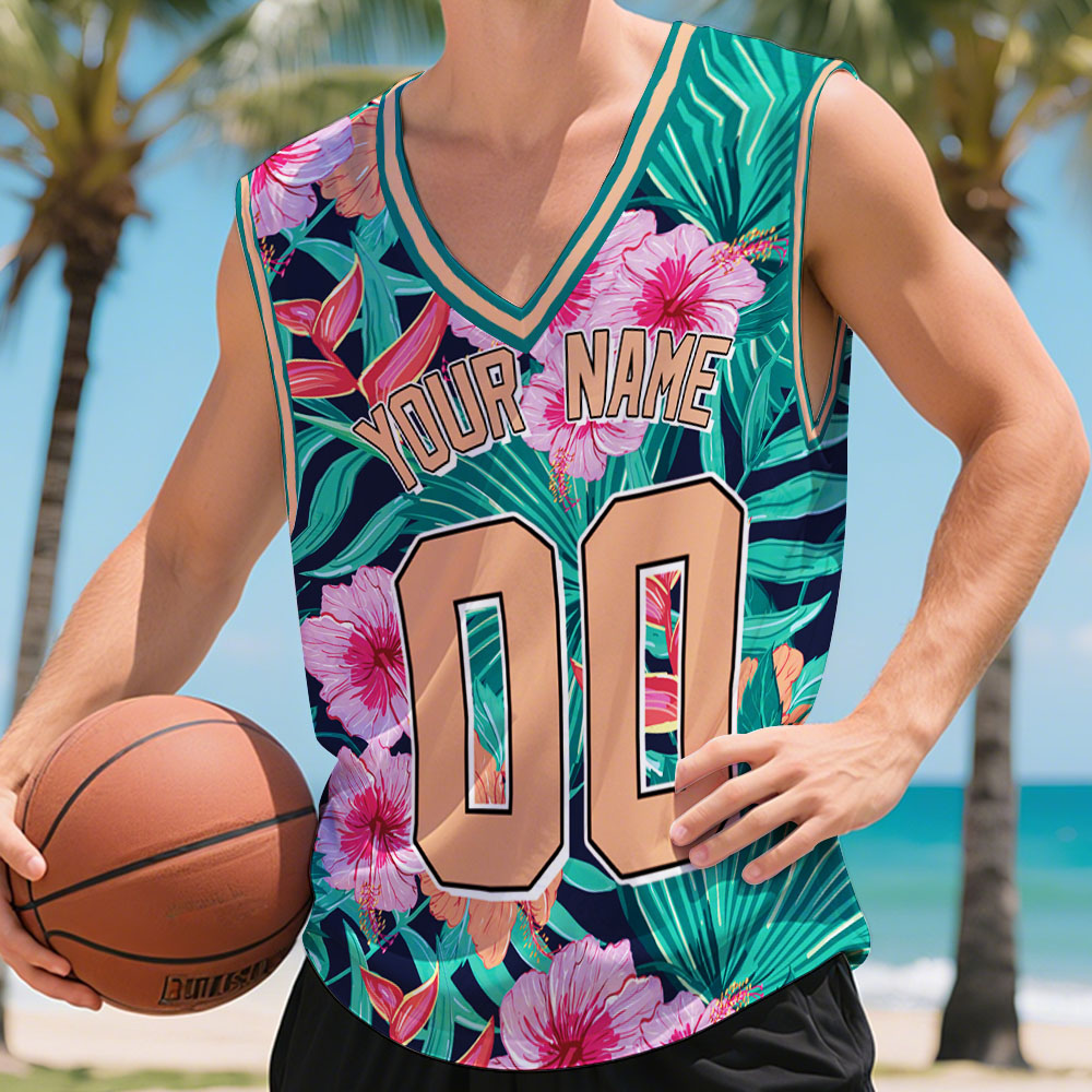 Custom Basketball Jersey with Name & Number Personalized Hawaii Floral Sports Tank Top - MyHawaiianShirtsAU