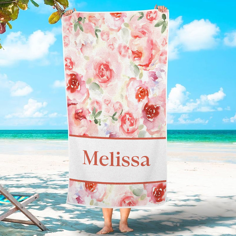 Personalized Watercolor Flower Beach Towel with Name Beach Accessories Gift for Her - MyHawaiianShirtsAU
