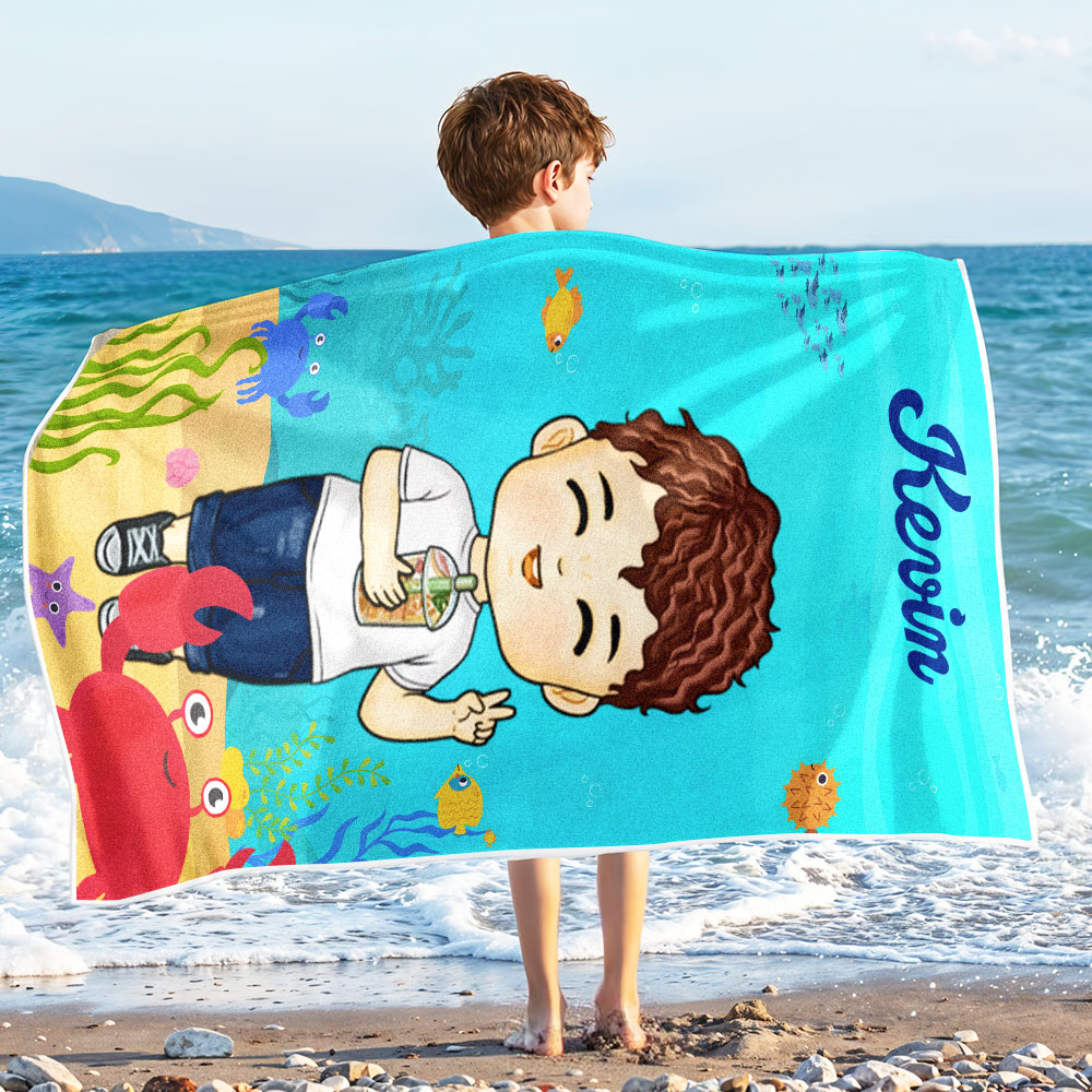 Personalized Kids Cartoon Beach Towel with Name & Photo Custom Summer Gift - MyHawaiianShirtsAU