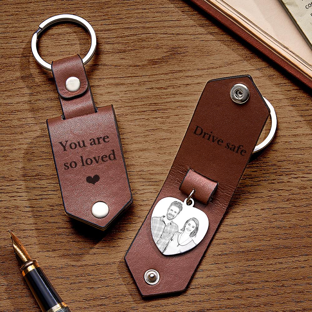 Custom Heart Shaped Photo Leather Keychain With Text Annivesary Gifts For Men - MyHawaiianShirtsAU