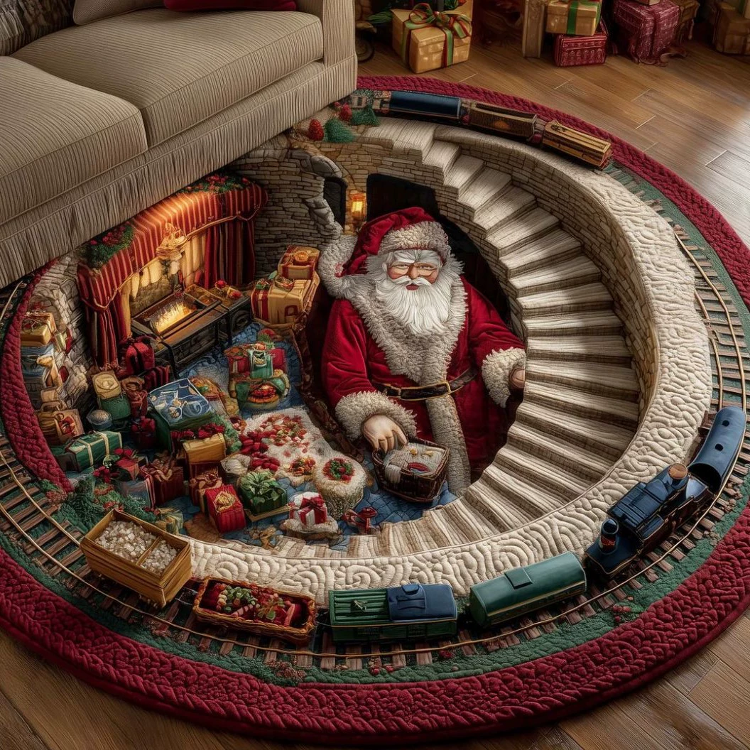 3D-Effect Santa Claus Christmas Rug - Round Christmas Area Rug with Santa's Workshop, Toy Train & Festive Holiday Decor - MyHawaiianShirtsAU