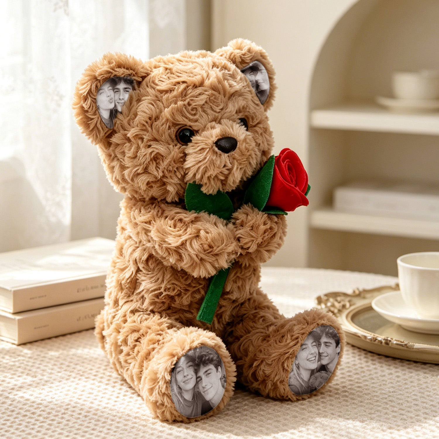 Custom Photo Teddy Bear with Rose Personalized Plush Bear with Pictures on Ears & Feet, Romantic Gift for Valentine's Day, Anniversary, Birthday