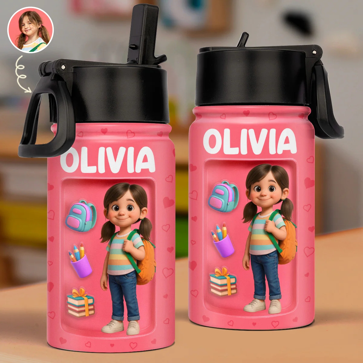 Custom Photo 3D Inflated Effect Printed Kids Water Bottle - Personalized Back To School Gifts