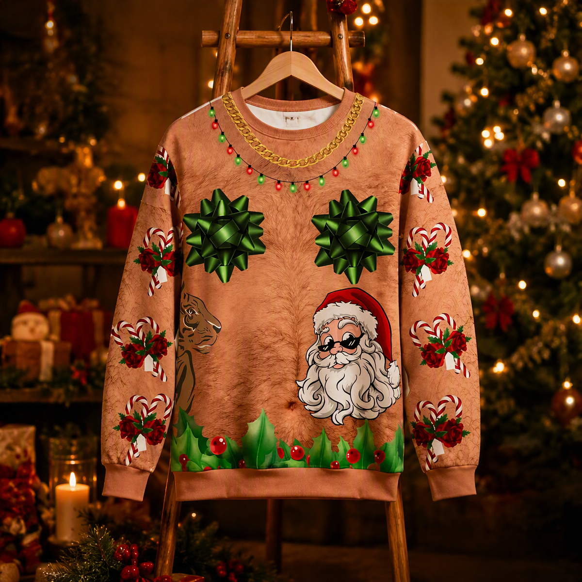 Funny Hairy Chest Bow Bows Ugly Christmas Sweater – 3D Printed Candy Cane & Santa Tattoo Graphic Sweatshirt, Novelty Holiday Gag Gift Top - MyHawaiianShirtsAU
