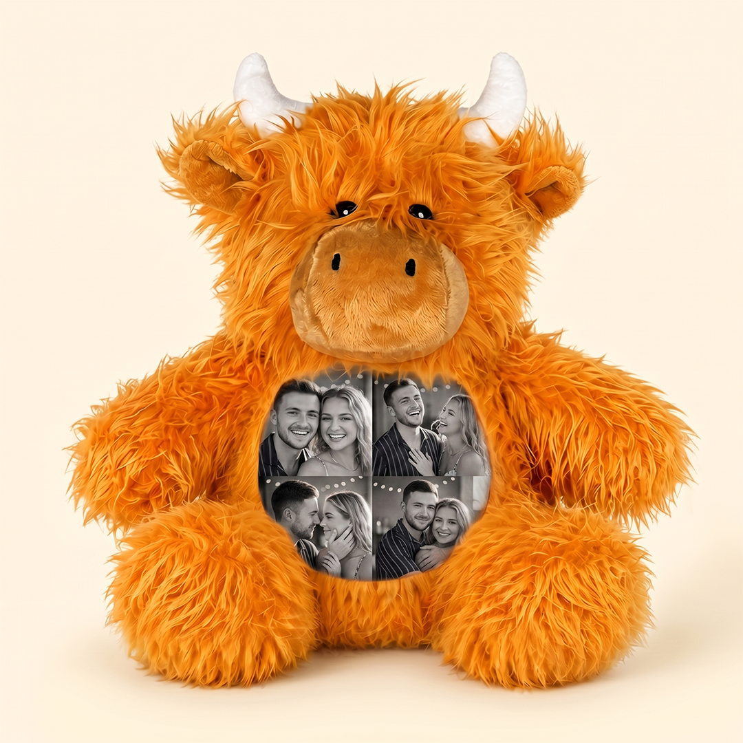 Custom Photo Highland Cow Plush, Personalized Picture Collage Highland Cow Stuffed Animal Toy, Fluffy Cow Plushie, Couple Anniversary Gift for Her Him