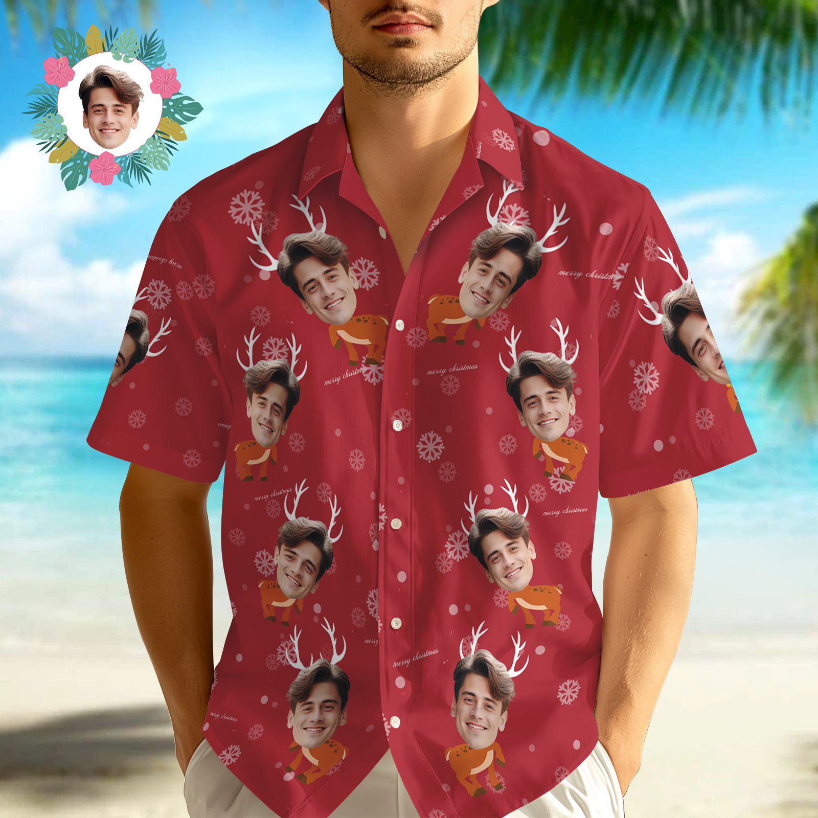 Custom Christmas Face Button-down Shirts Custom Face Hawaiian Shirts With Elk For Him - MyHawaiianShirtsAU