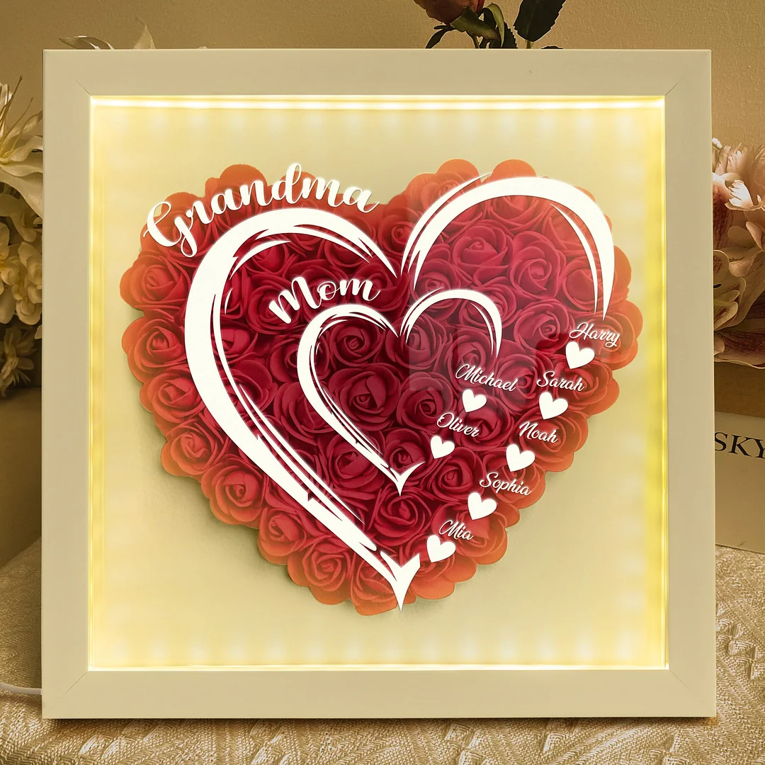 Mom Grandma Hearts Custom Kids' Names - Personalized Flower Shadow Box With LED Light - MyHawaiianShirtsAU