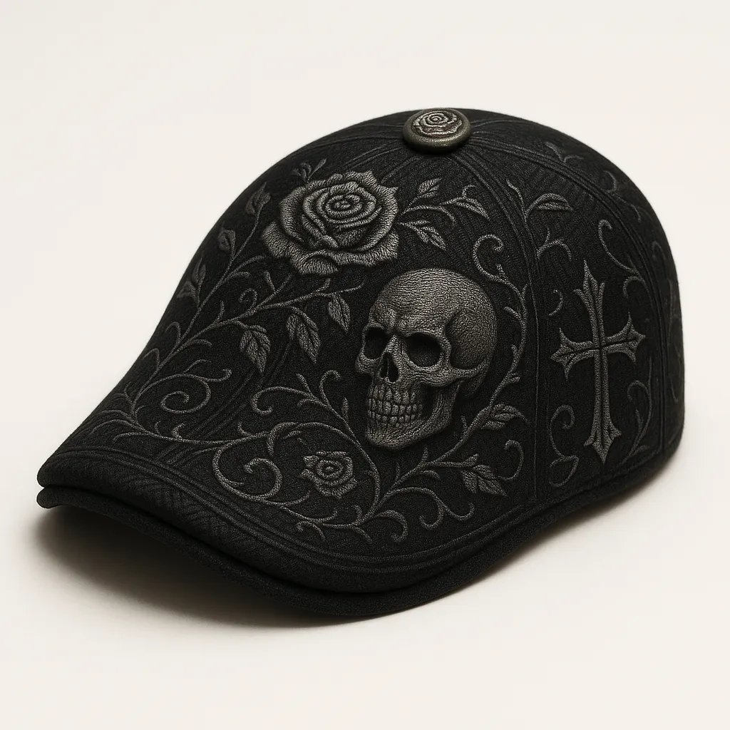 Gothic Skull Flat Cap – Embroidered Rose & Cross Newsboy Hat, Retro Unisex Cap for Men & Women
