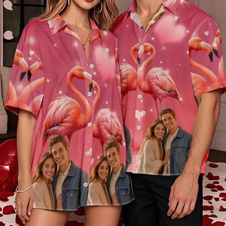 Custom  Flamingo Couple Hawaiian Tropical Style Shirt Button-down Shirt Gifts For Couple