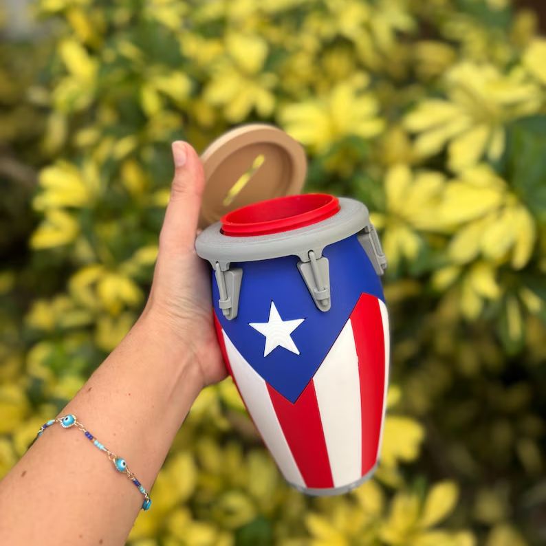 3D Printed Conga Drum Piggy Bank Coin Bank Can Cooler, Cuba Flag Decor, Music Lover Gift