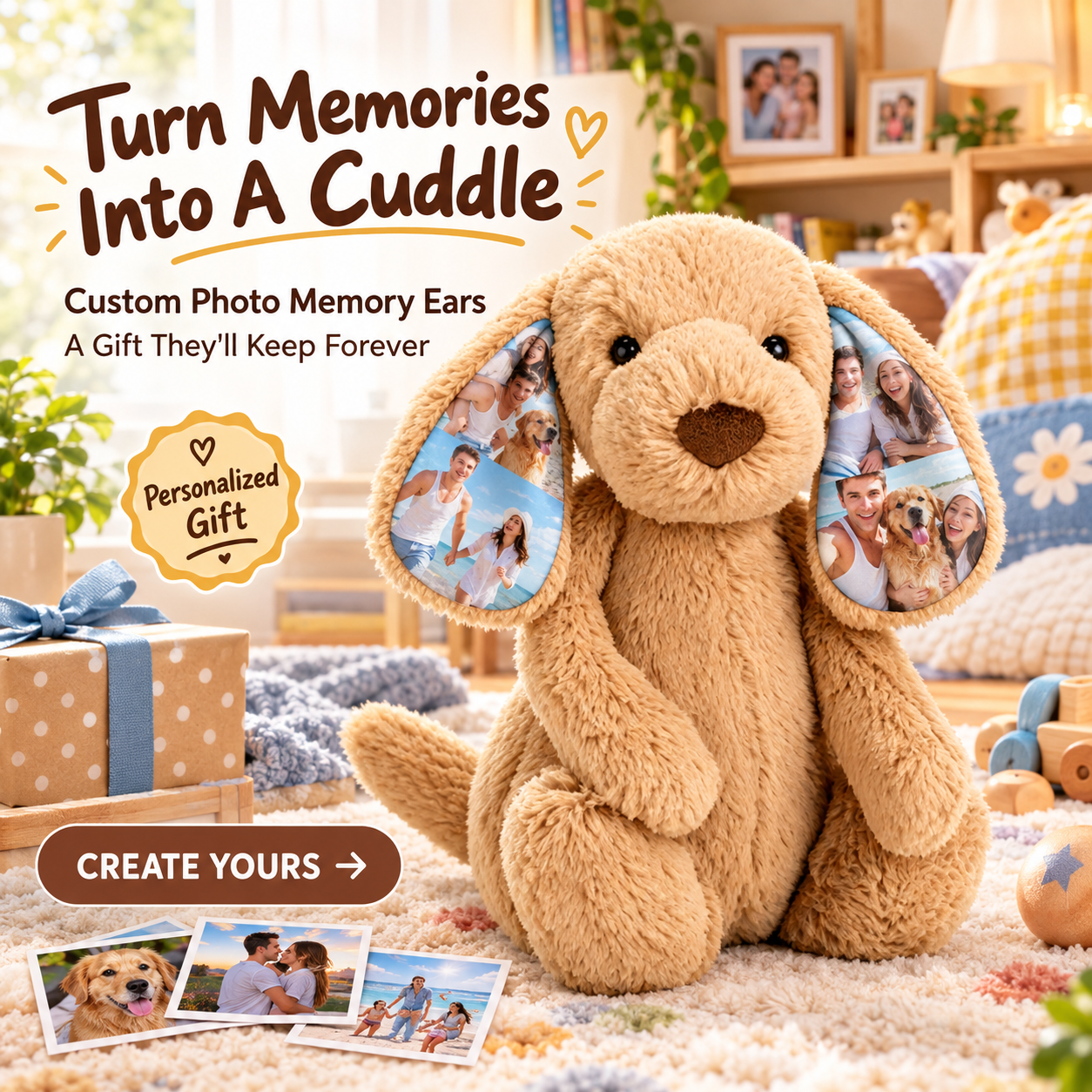 Custom Photo Plush Dog Personalized Puppy Stuffed Animal with Memory Ears, Unique Collage Gift for Kids