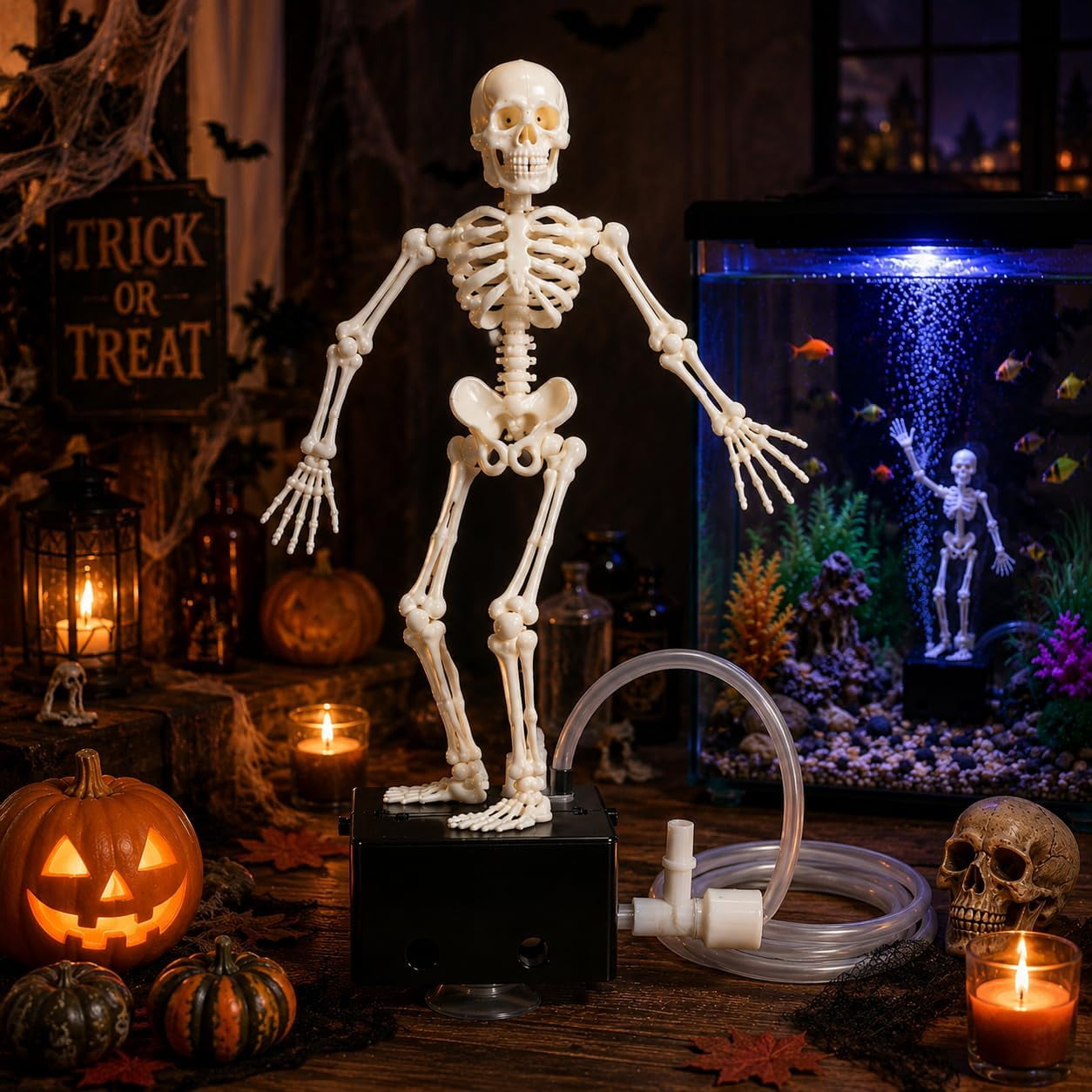 Dancing Skeleton Aquarium Bubbler, Creative Underwater 3D Printed Air Powered Moving Skull Oxygenating Decor with 1-Meter Air Hose, Resin Adjustable Bubbles, Funny Gift for All Fish Lovers