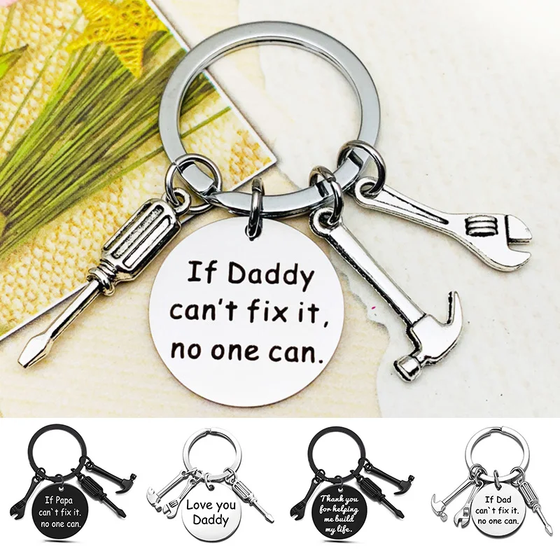 Cute Dad Keychain with Mini Tools in Silver – "If Dad Can't Fix It, No One Can" Engraved Charm Keyring, Meaningful Father's Day & Birthday Gift from Daughter or Son