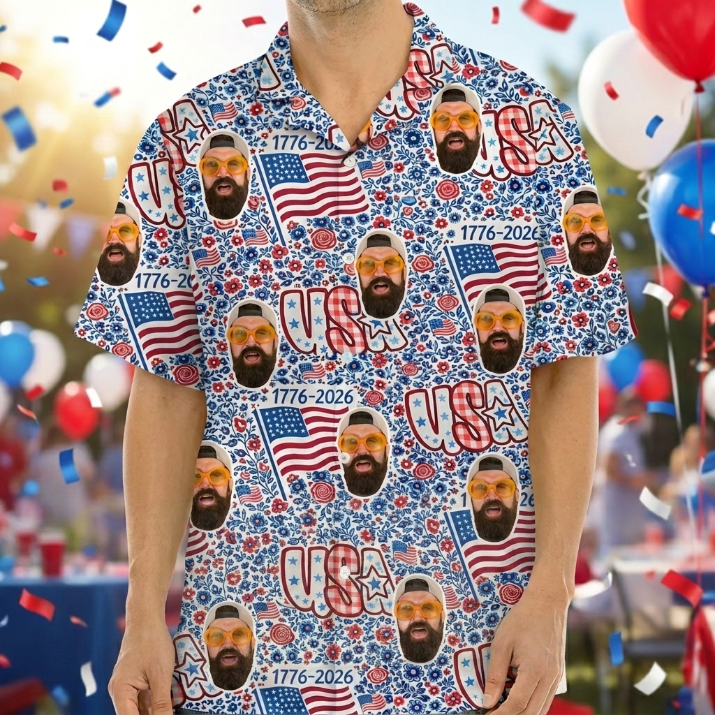 Custom Usa Flag Hawaiian Shirt with Face, USA 250th Anniversary Button Shirt for Men, Tropical Flower Hawaii Shirt, Bachelor Party Gift