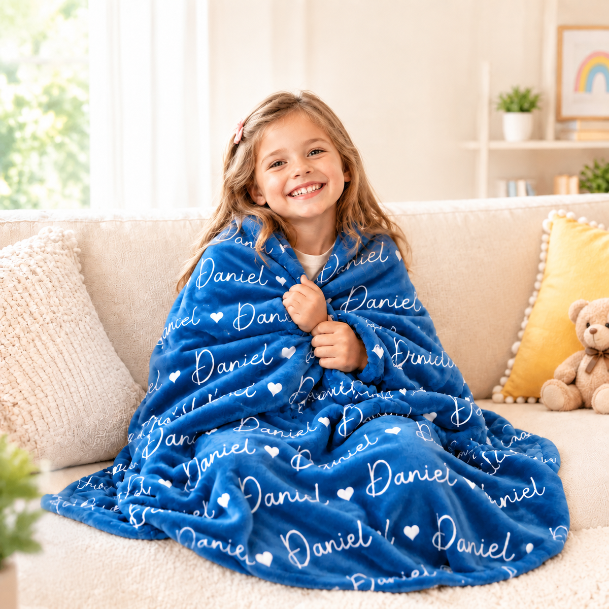 Personalized Fleece Blanket for Kids - Birthday Gift with Name & Hearts, Cozy Sherpa Throw for Girls and Boys