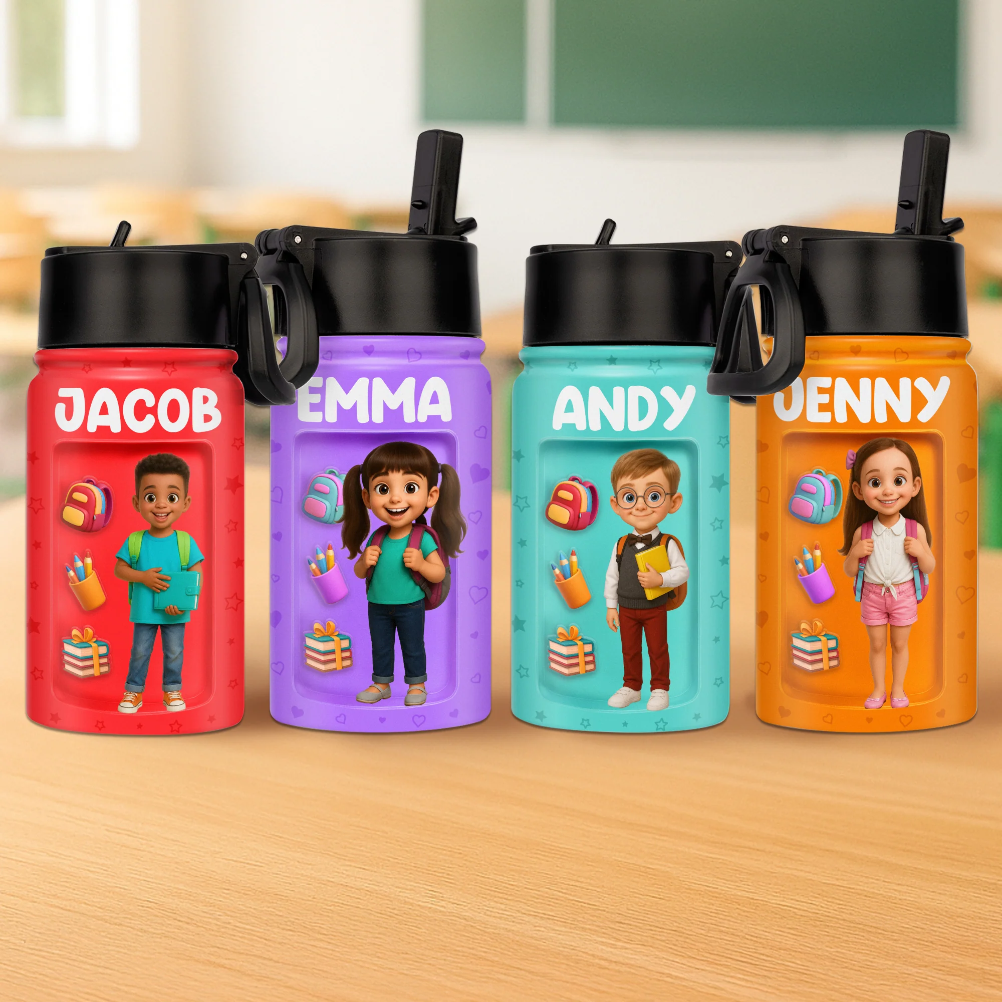 Custom Photo 3D Inflated Effect Printed Kids Water Bottle - Personalized Back To School Gifts