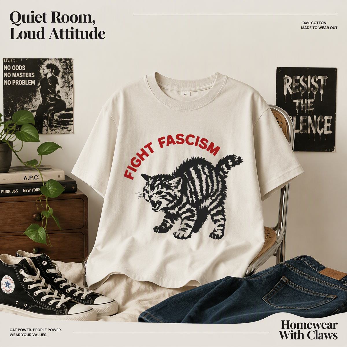 Fight Fascism Tabby Cat T-Shirt – Bold Statement Tee for Activists & Gift Givers This Holiday