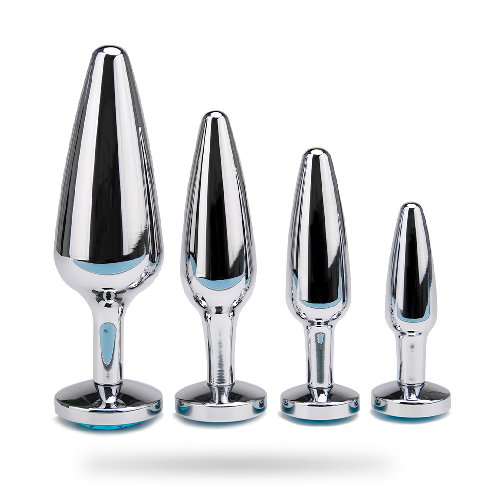 4-Pack Metallic Silver Butt Plug Set with Jewelry Base Smooth Metal Butt Plug