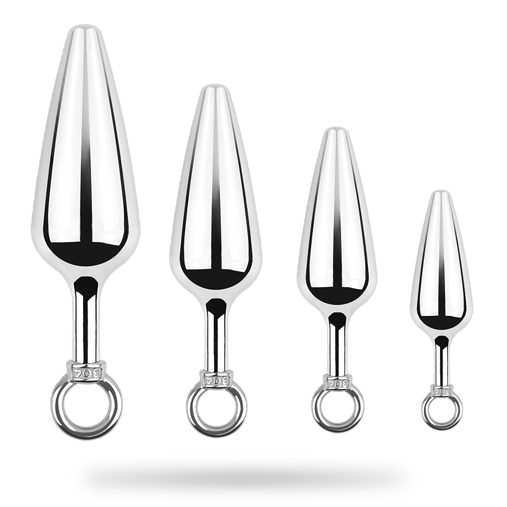 4-Pack Metallic Silver Butt Plug Set With Pull Ring Metal Butt Plug