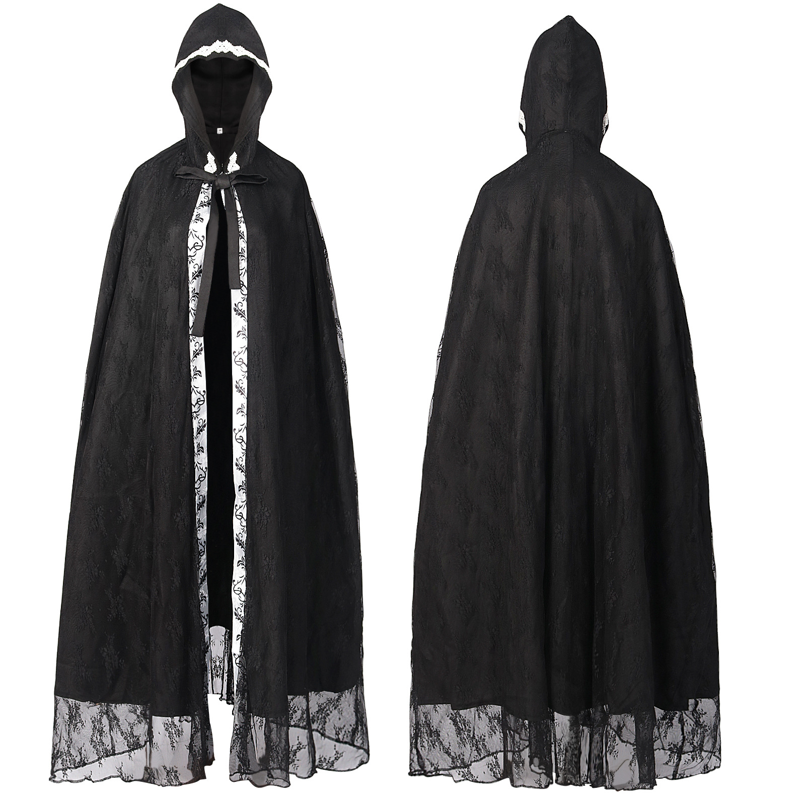 Halloween Party Medieval Lace Cape Gothic Long Hooded Cloak