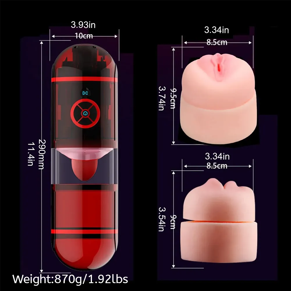 Deep Throat Fully Automatic Electric Masturbation Cup with 12 Vibration Dual Channel Tongue Licking, Water Spray Function Blowjob Toy