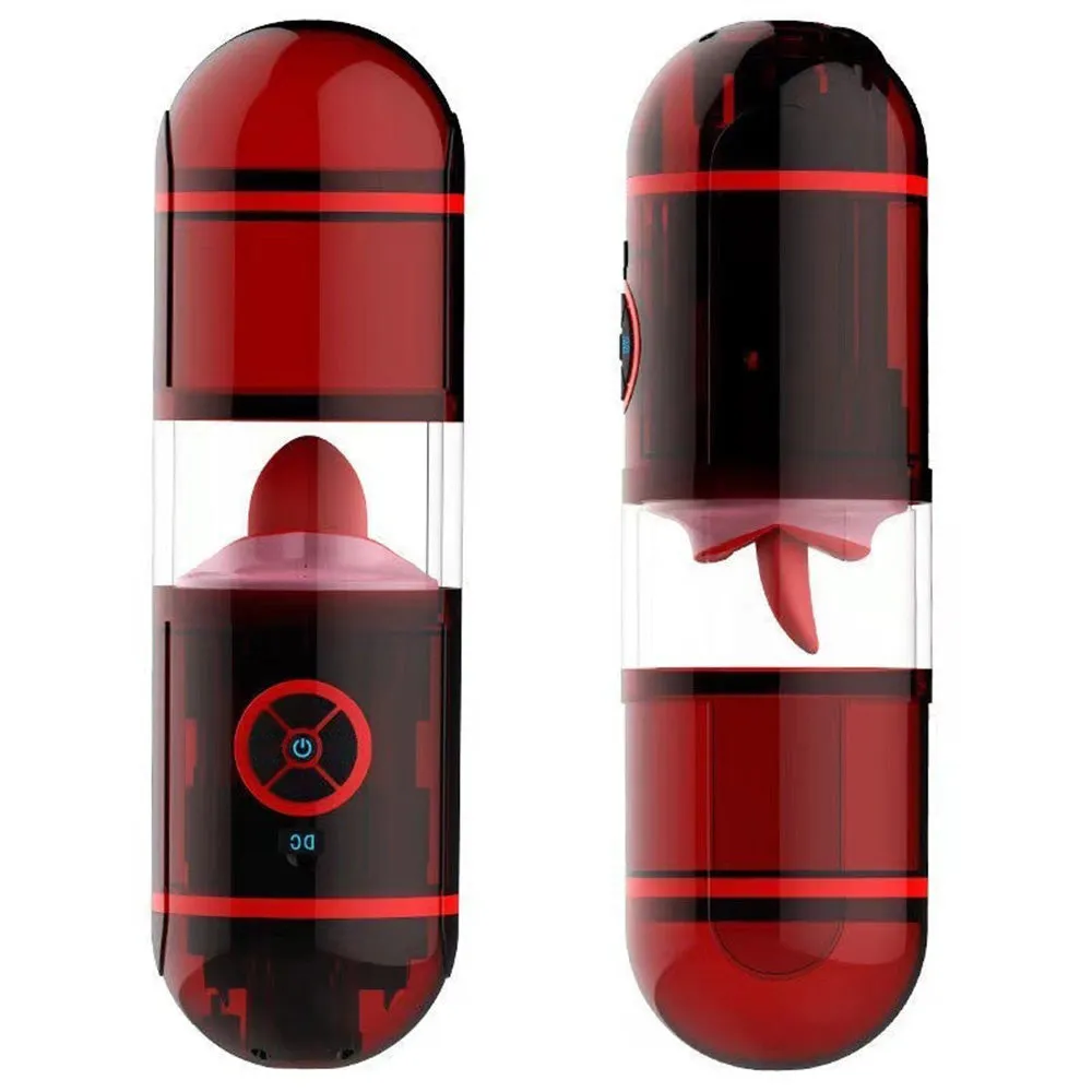 Deep Throat Fully Automatic Electric Masturbation Cup with 12 Vibration Dual Channel Tongue Licking, Water Spray Function Blowjob Toy