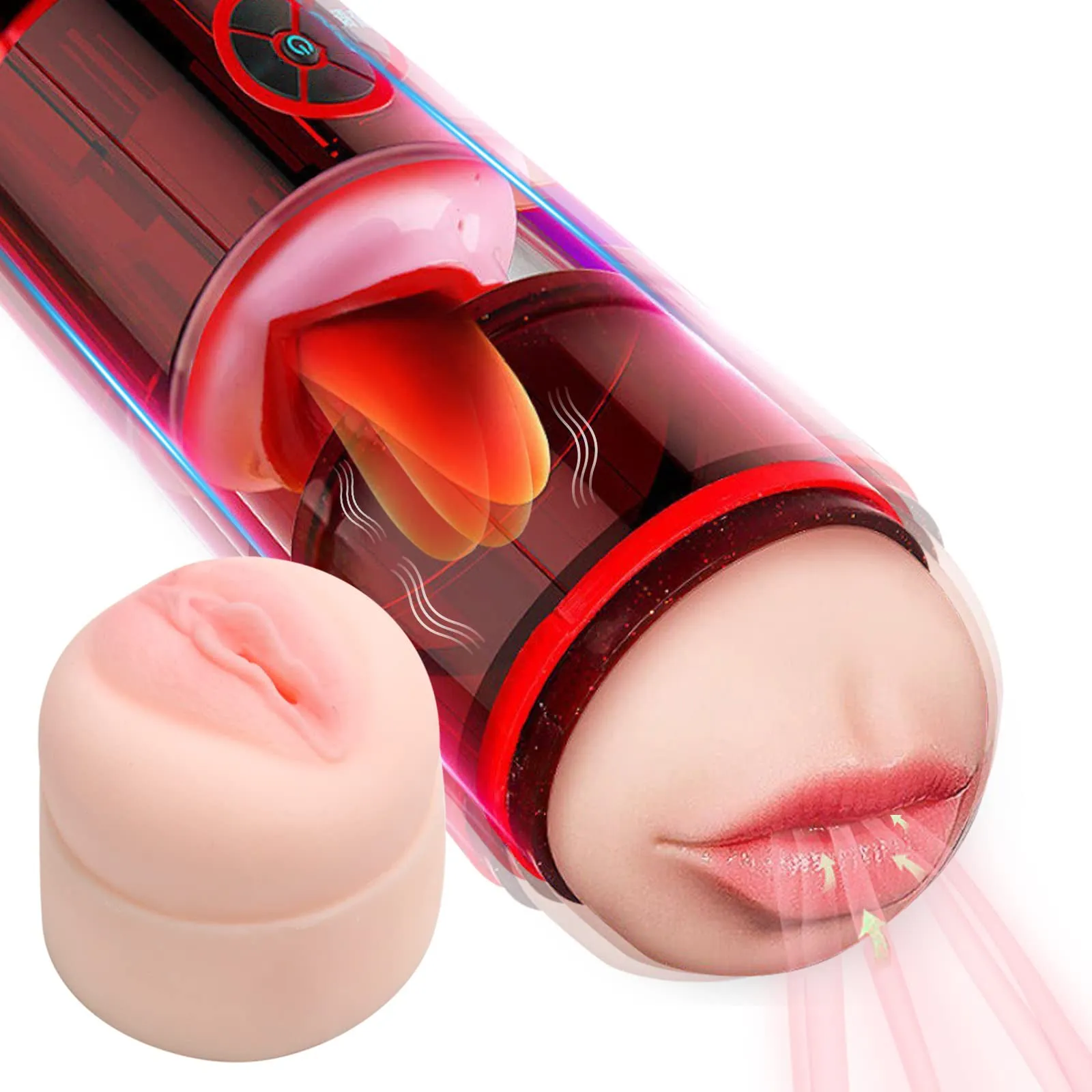 Deep Throat Fully Automatic Electric Masturbation Cup with 12 Vibration Dual Channel Tongue Licking, Water Spray Function Blowjob Toy