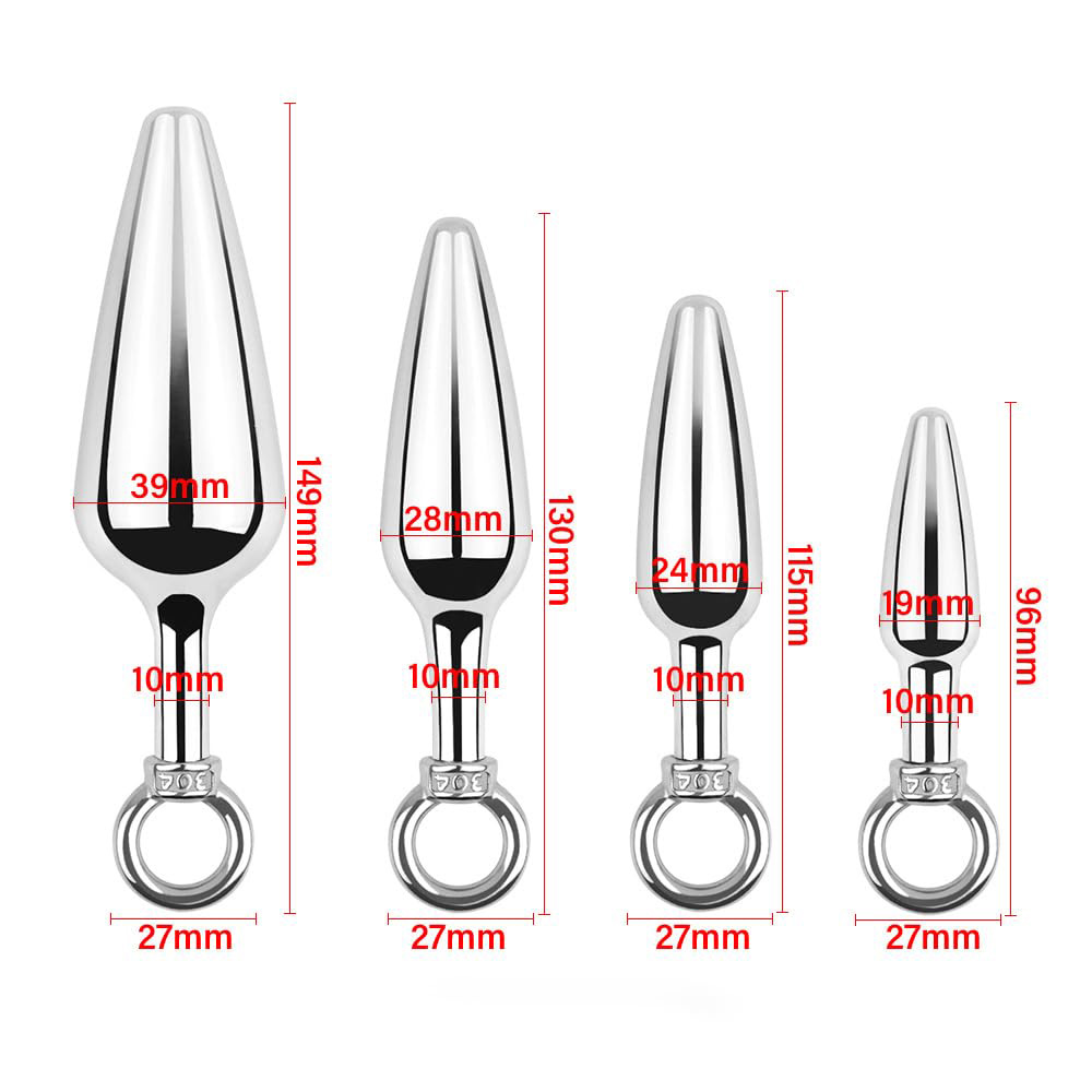 4-Pack Metallic Silver Butt Plug Set With Pull Ring Metal Butt Plug