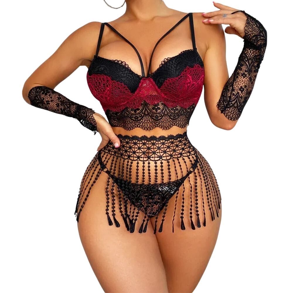 Sexy Underwear 5-piece Tassel Waist Lace Splicing With Glove