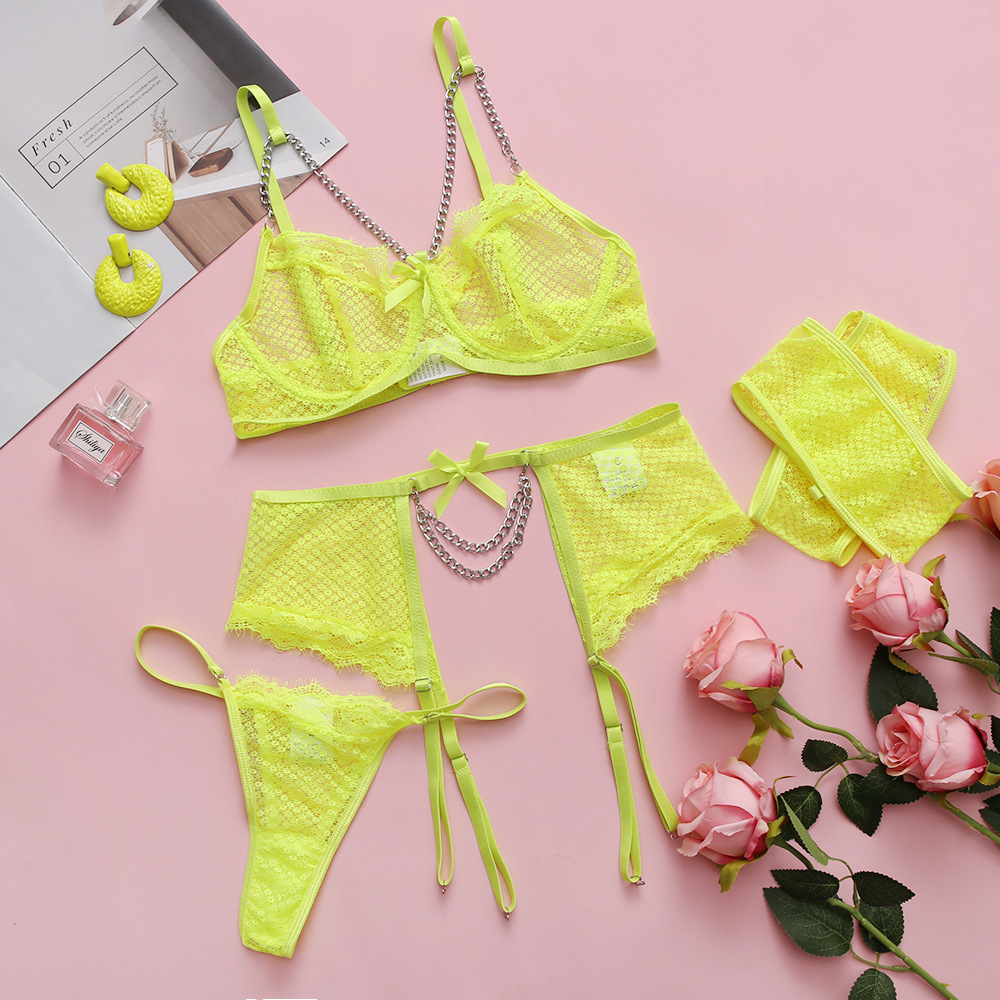 Sexy Underwear Mesh Splicing Lace Chain Butterfly Four Piece Set