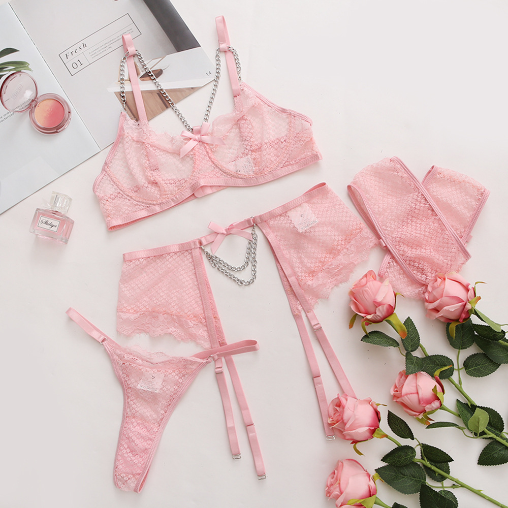 Sexy Underwear Mesh Splicing Lace Chain Butterfly Four Piece Set