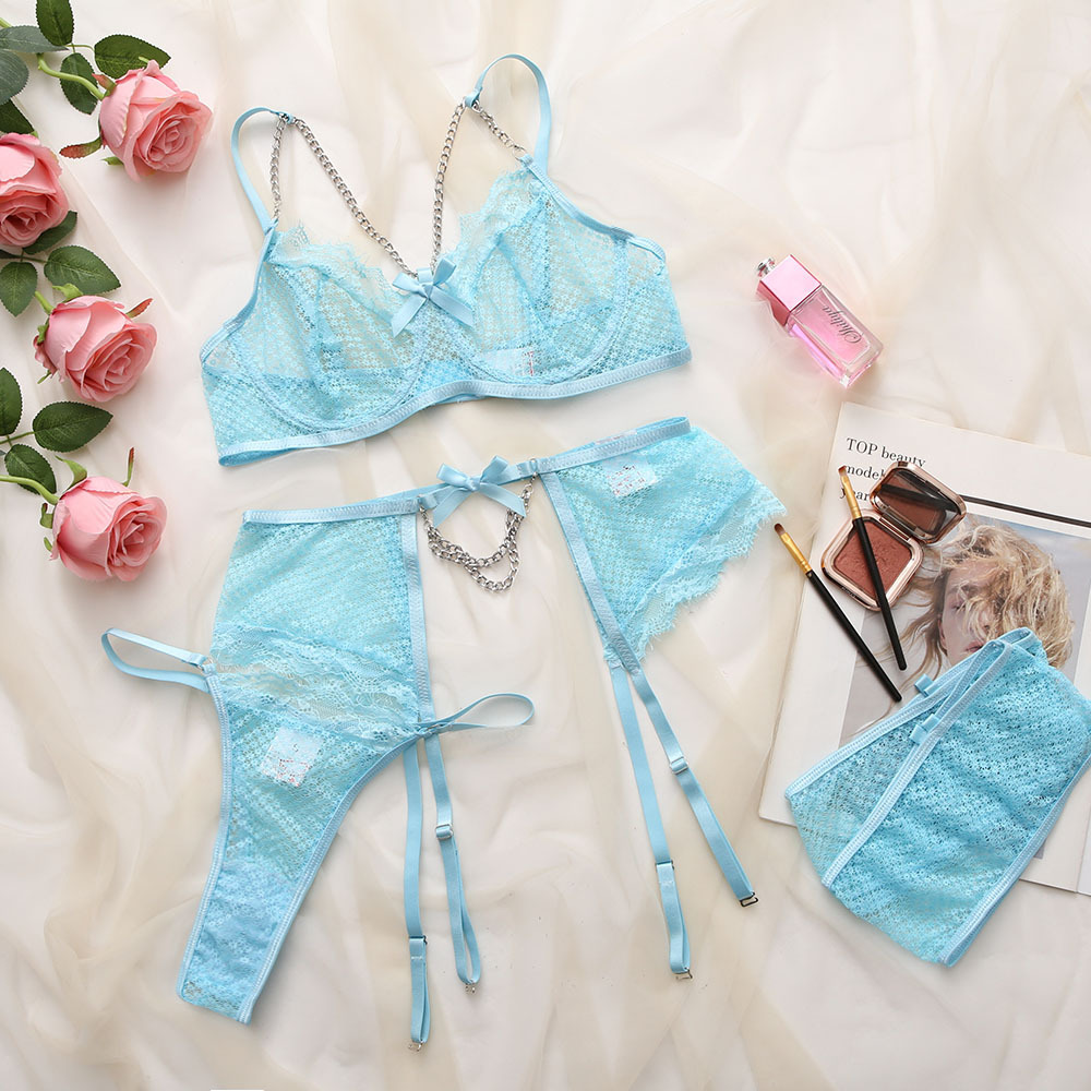 Sexy Underwear Mesh Splicing Lace Chain Butterfly Four Piece Set
